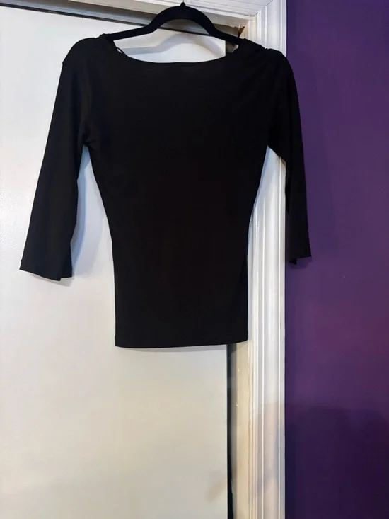 Y2K Wrapper Black V-Neck 3/4 Sleeve Women's Top Curvy Slimming Look - Picture 2 of 5